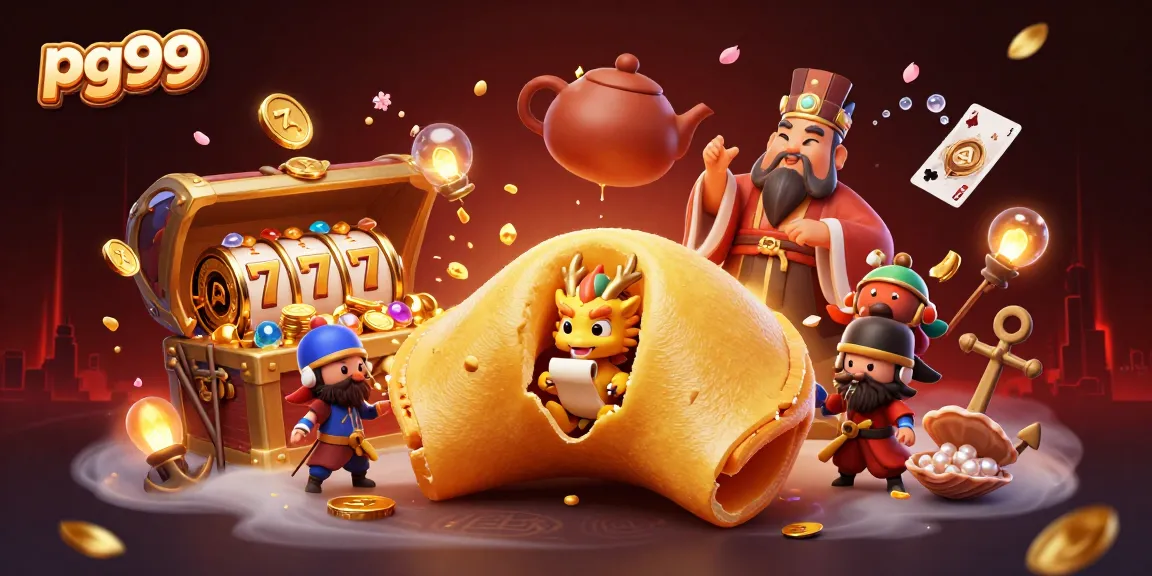 Spin to win at pg99 with a vibrant 3D scene featuring a golden fortune cookie and treasure elements.